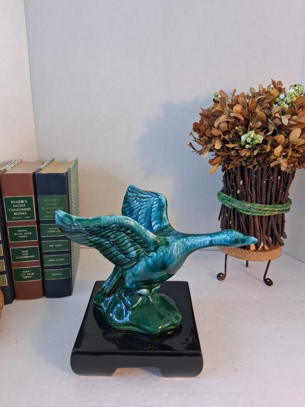 VTG Goose in Flight Statue; Blue/Green Drip Glaze; Stamped Japan
